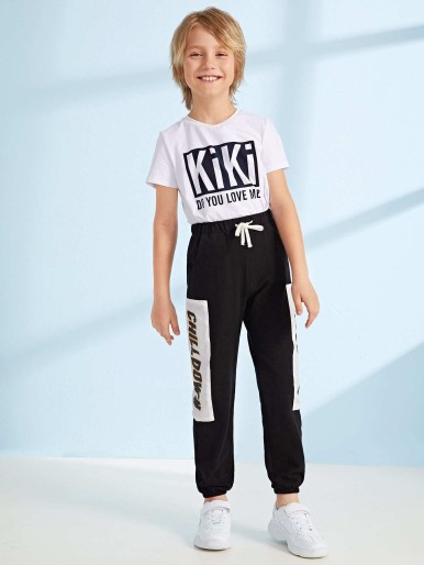 Boys Drawstring Waist Letter Patched Wind Pants