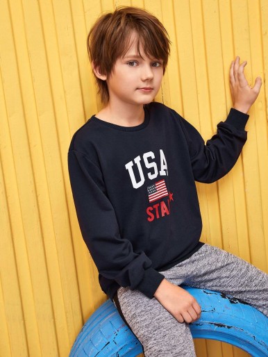 Boys Letter and American Flag Print Pullover