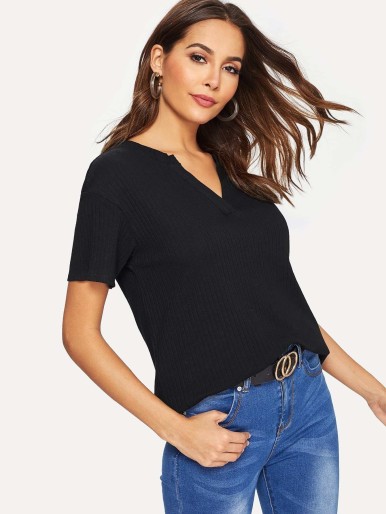 V-cut Neck Rib-knit Tee