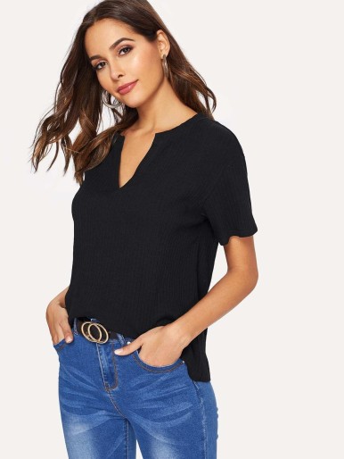 V-cut Neck Rib-knit Tee