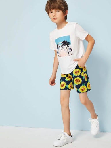 Boys Sunflower Drawstring Waist Shorts