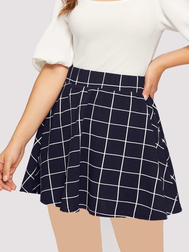 Grid Print Flare Skirt