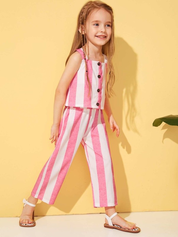 Toddler Girls Vertical-striped Button Front Top With Pants