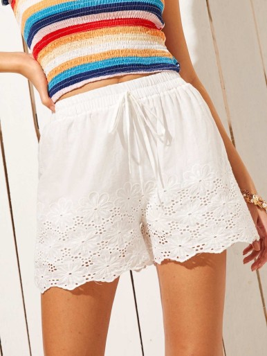 Eyelet Embroidery Scallop Hem Shorts