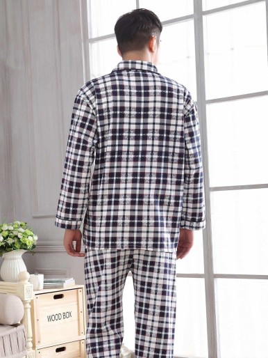 Men Plaid Button Up Pajama Set