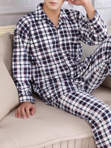 Men Plaid Button Up Pajama Set