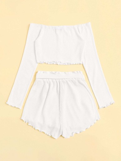 Single Breasted Ribbed Knit Bardot Top & Belted Shorts Set