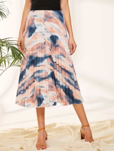 Elastic Waist Tie Dye Pleated Skirt