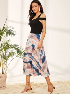 Elastic Waist Tie Dye Pleated Skirt