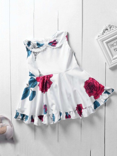 Toddler Girls Rose Print Ruffle Trim Vest Dress