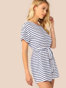 Wide Leg Belted Striped Tee Romper