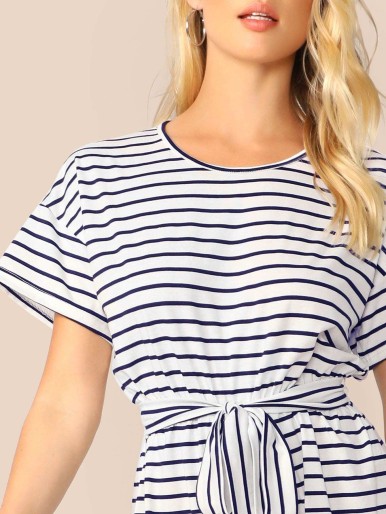 Wide Leg Belted Striped Tee Romper