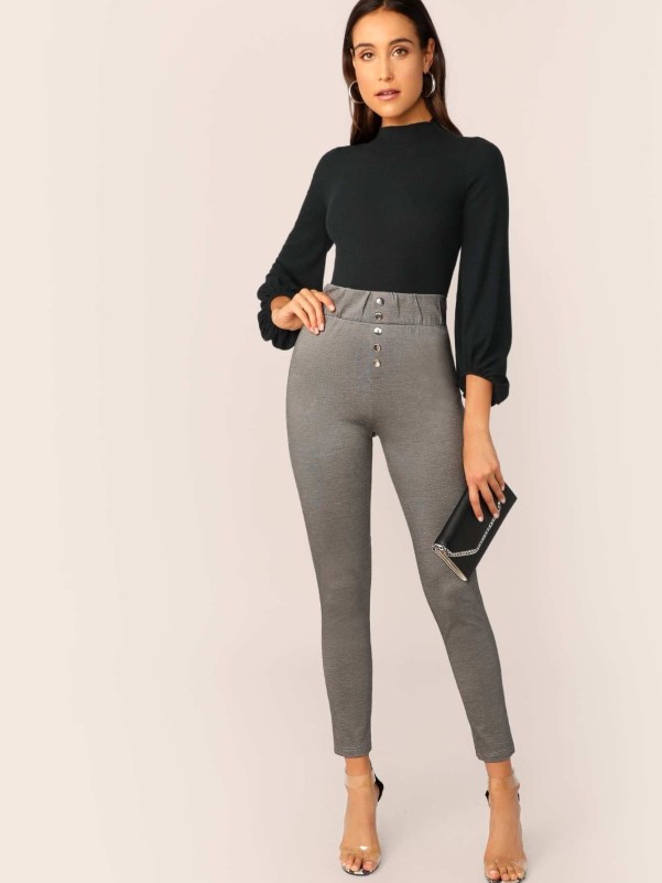 SHEIN Wide Band Waist Button Front Skinny Pants