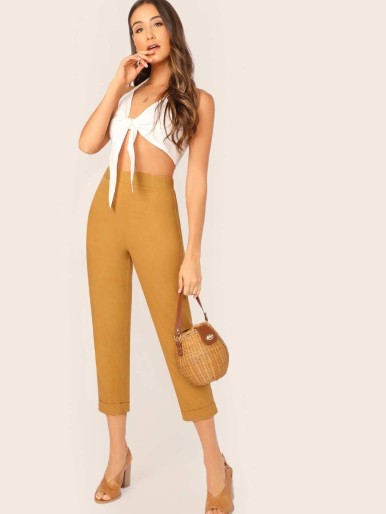 Solid Rolled Hem Crop Cigarette Pants