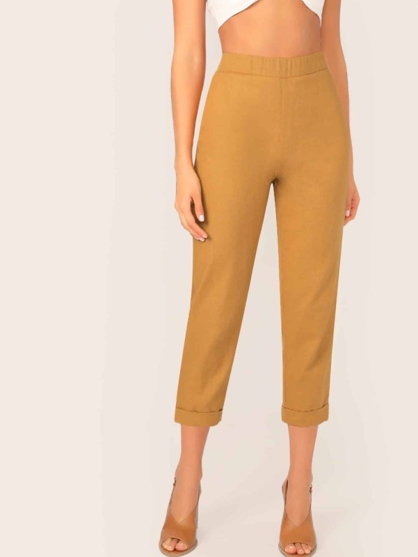 Solid Rolled Hem Crop Cigarette Pants