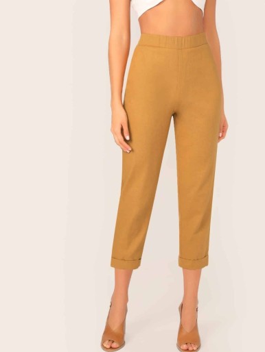 Solid Rolled Hem Crop Cigarette Pants