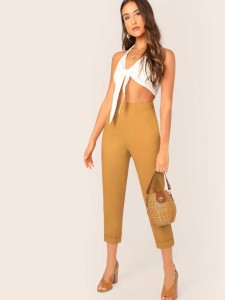 Solid Rolled Hem Crop Cigarette Pants