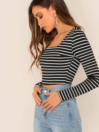 Square Neck Crop Striped Tee