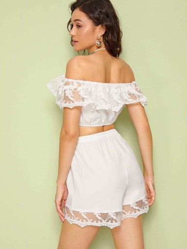 Off Shoulder Embroidered Mesh Detail Top & Shorts Set