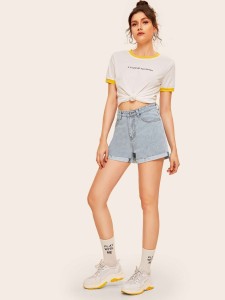 Stitch Detail Cuffed Hem Denim Shorts