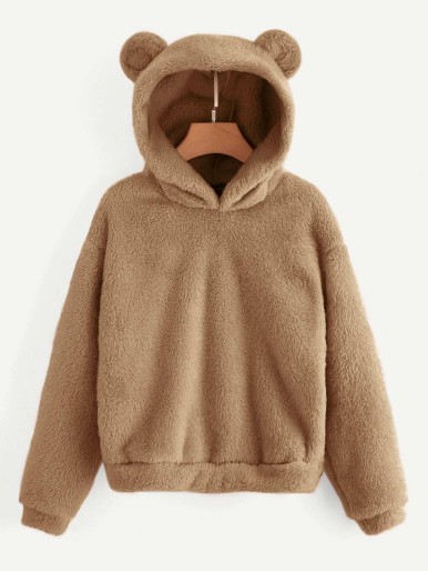 Solid Teddy Hoodie With Ears