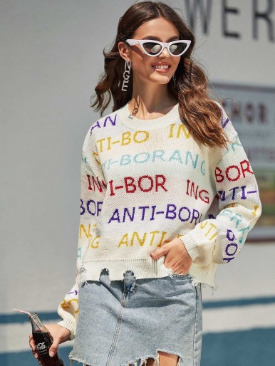 Drop Shoulder Slogan Graphic Sweater
