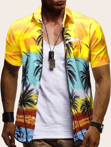 Men Tropical And Seagull Print Hawaiian Shirt