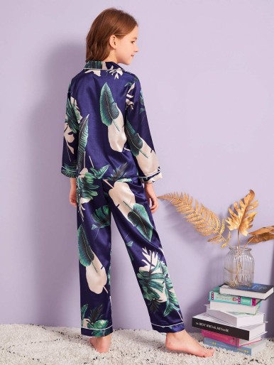 Girls Tropical Print Satin Pajama Set