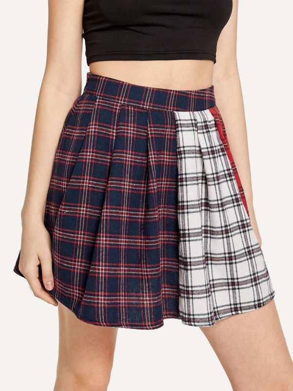 Plaid Print Boxed Pleated Skirt