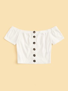 Off Shoulder Button Front Ribbed Tee