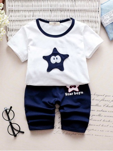 Toddler Boys Star Patched Tee With Letter Print Shorts