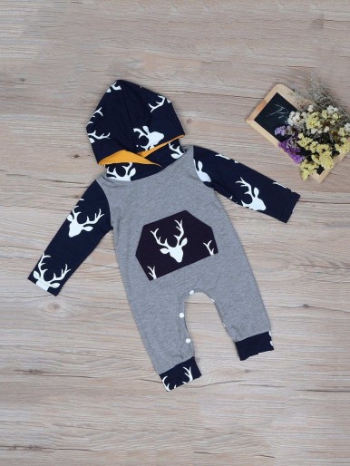 Toddler Boys Deer Print Hooded Jumpsuit