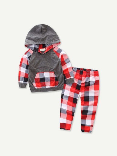 Toddler Boys Check Plaid  Hooded Sweatshirt With Pants