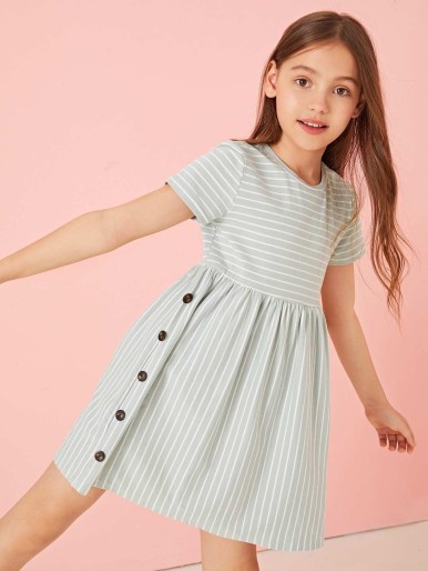 Girls Buttoned Side Striped Babydoll Dress