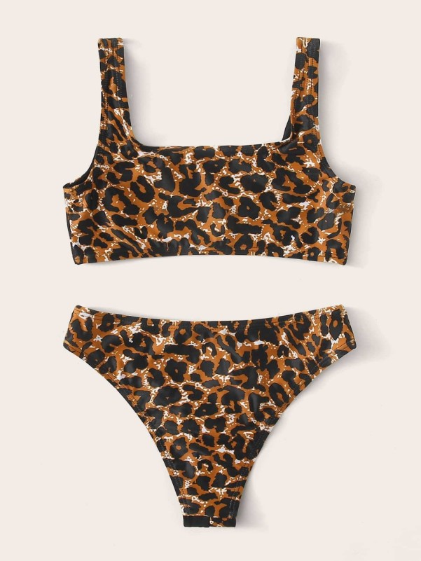Girls Contrast Leopard Bikini Swimsuit