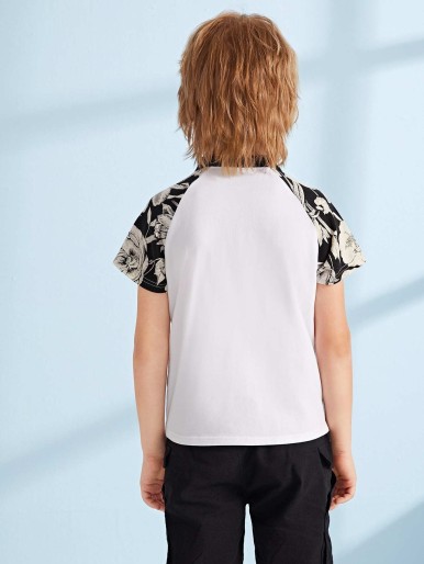 Boys Contrast Collar Floral Print Raglan Sleeve Polo Shirt