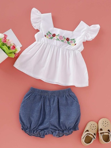 Baby Girl Embroidery Square Neck Peplum Top With Denim Shorts