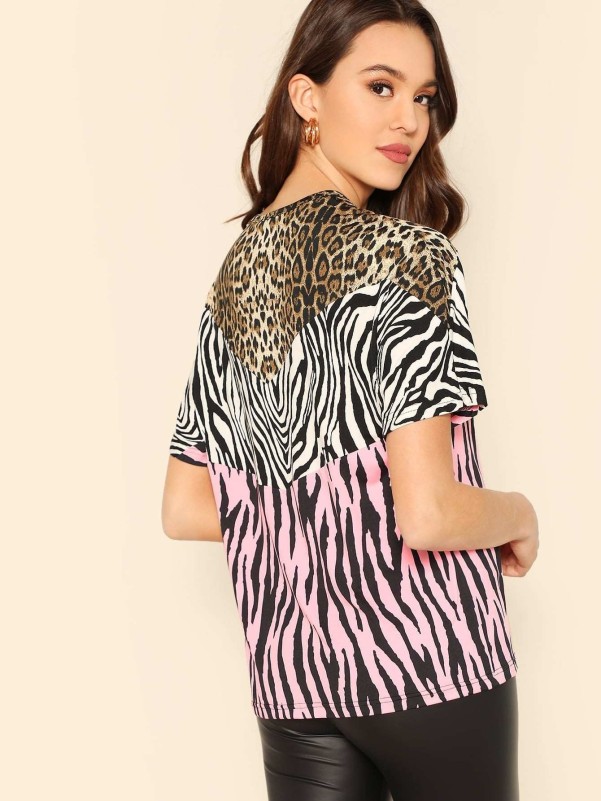 Color Block Zebra & Leopard Print Tee