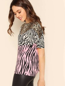 Color Block Zebra & Leopard Print Tee