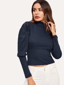 Mock-neck Leg-of-mutton Sleeve Stretch Tee