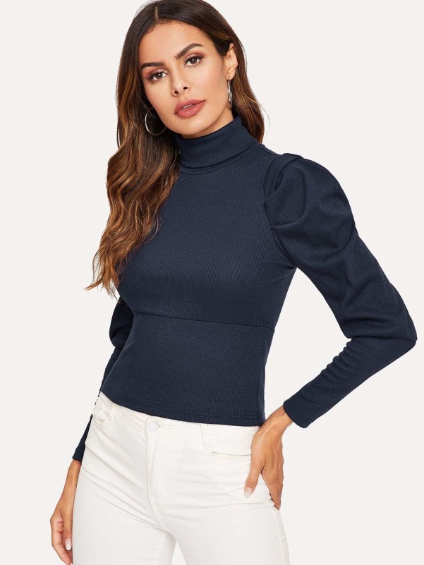 Mock-neck Leg-of-mutton Sleeve Stretch Tee