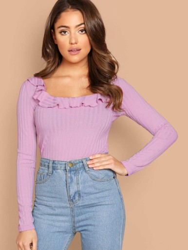 Ruffle Trim Rib Knit Tee