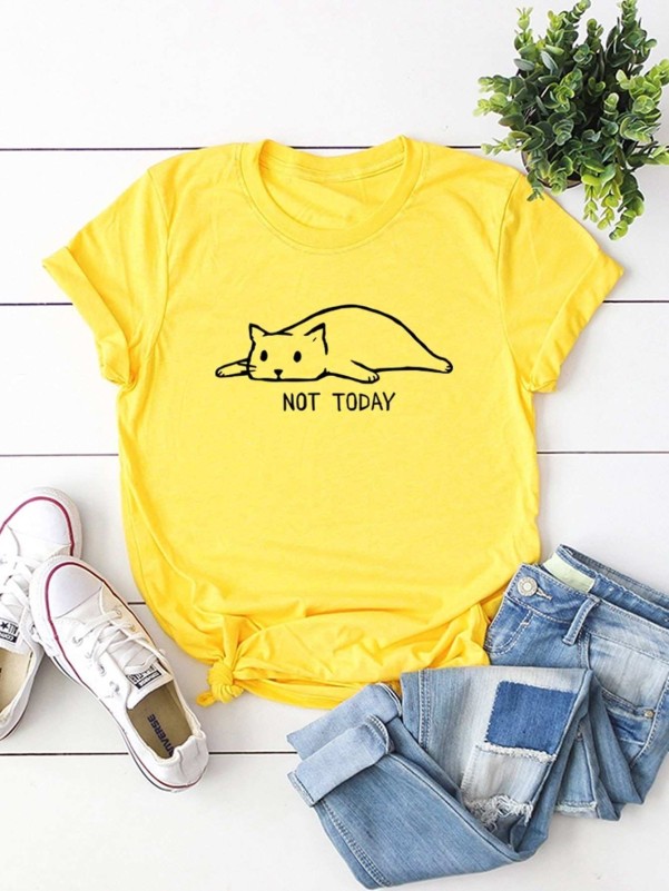 Neon Yellow Cat And Letter Print Tee