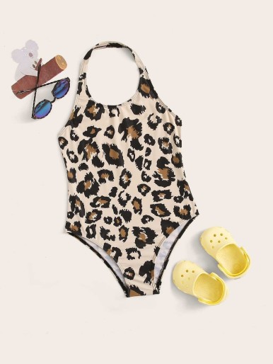 Girls Leopard Halter One Piece Swimwear