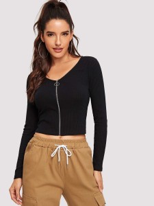 O-ring Zip Front Rib-knit Crop Fitted Tee