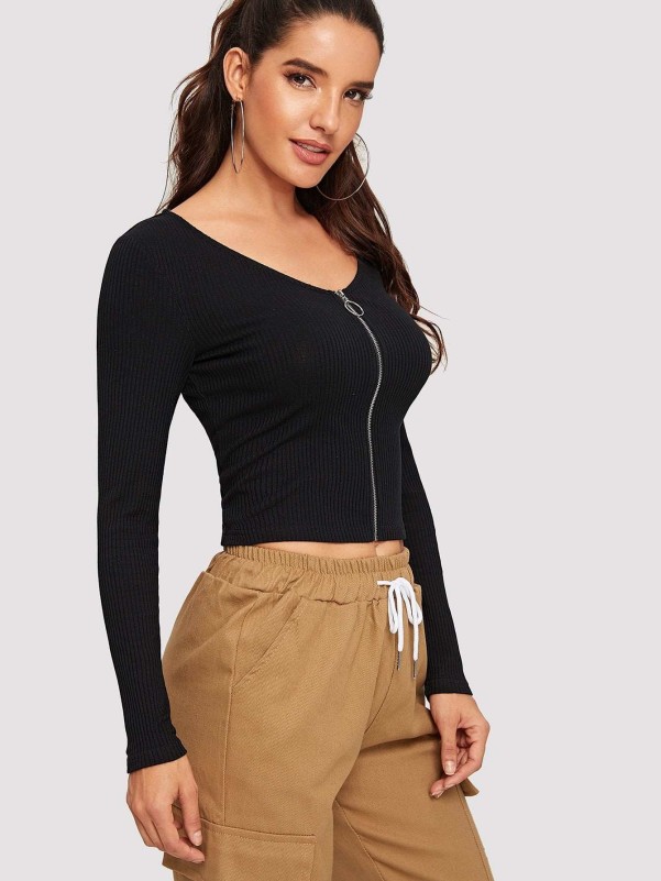 O-ring Zip Front Rib-knit Crop Fitted Tee