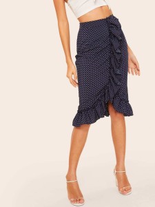 70s Ruffle Trim Asymmetrical Hem Polka Dot Skirt