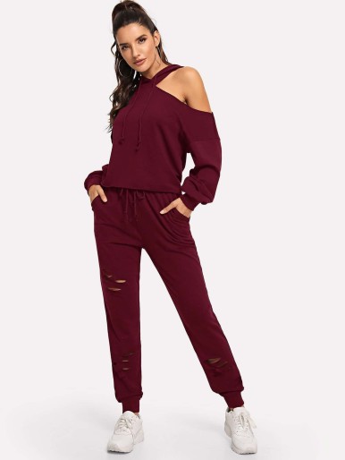 Asymmetrical Shoulder Hoodie & Sweatpants Set