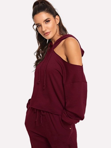 Asymmetrical Shoulder Hoodie & Sweatpants Set