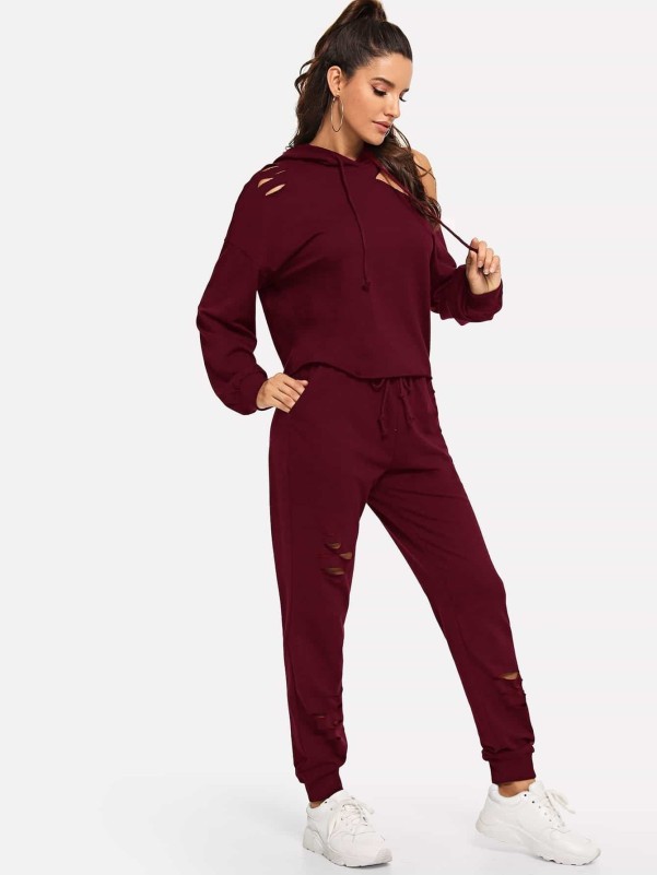 Asymmetrical Shoulder Hoodie & Sweatpants Set